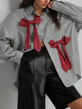 Loose-fit Boyfriend Style Striped Bow Shirt